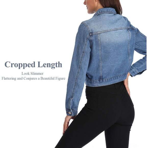 Women's Denim Jackets Crop Long Sleeve Button Down Crop Jean with Pockets Blue2 - Picture 4 of 7